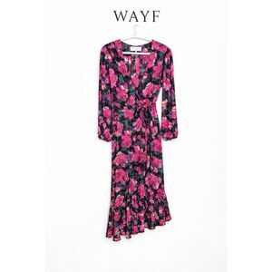 WAYF Floral Wrap Dress Large Pink Black Romantic Boho Midi Long Sleeve